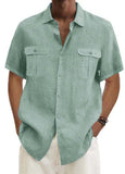 Men's Shirts Double Pocket Cotton Linen Short Sleeve Shirts Casual Vacation Shirts