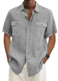 Men's Shirts Double Pocket Cotton Linen Short Sleeve Shirts Casual Vacation Shirts