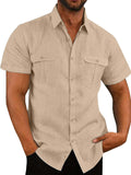 Men's Shirts Double Pocket Cotton Linen Short Sleeve Shirts Casual Vacation Shirts