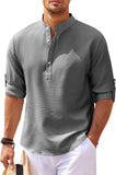 Men's Linen Henley Shirt Long Sleeve Casual Hippie Cotton Beach T Shirts Vertical Striped Hawaiian Shirts