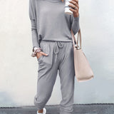 Casual Solid Two-piece Set. Long Sleeve T-shirt & Drawstring Pants Outfits. Women's Clothing