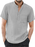 Men's Casual Cotton Linen Solid Color Short Sleeve Shirts Loose Stand Collar Shirts