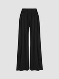 Plus Size Casual Pants, Women's Plus Solid Elastic High Rise Medium Stretch Loose Fit Wide Leg Trousers With Pockets