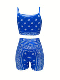 Casual Paisley Print Two-piece Set. Crop Cami Top & Slim Shorts Outfits. Women's Clothing