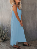 Boho Spaghetti Ruched Jumpsuit. Casual Sleeveless Long Length Wide Leg Jumpsuit. Women's Clothing