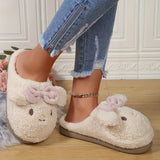 Cute Cartoon Fuzzy Home Slippers, Bowknot Decor Slip On Soft Sole Flat Warm Shoes, Plush Winter Cozy Shoes