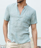 Men's Cotton Short Sleeve Shirt Stand Collar Cotton Linen Temperament Shirt