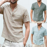 Men's Cotton Short Sleeve Shirt Stand Collar Cotton Linen Temperament Shirt