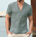 Men's Cotton Short Sleeve Shirt Stand Collar Cotton Linen Temperament Shirt