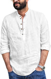 Mens Linen Henley Shirt Casual Long Sleeve T-Shirt Summer Beach Plain Tee Tops