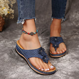 Women's Arch Support Flower Flip Flops, Solid Color Open Toe Non Slip Thong Slippers, Casual Retro Outdoor Slides Shoes