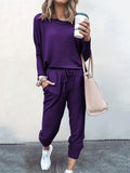 Casual Solid Two-piece Set. Long Sleeve T-shirt & Drawstring Pants Outfits. Women's Clothing