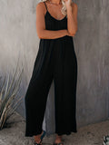 Boho Spaghetti Ruched Jumpsuit. Casual Sleeveless Long Length Wide Leg Jumpsuit. Women's Clothing