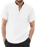 Men's Casual Cotton Linen Solid Color Short Sleeve Shirts Loose Stand Collar Shirts