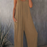 Boho Spaghetti Ruched Jumpsuit. Casual Sleeveless Long Length Wide Leg Jumpsuit. Women's Clothing