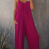 Boho Spaghetti Ruched Jumpsuit. Casual Sleeveless Long Length Wide Leg Jumpsuit. Women's Clothing