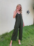 Boho Spaghetti Ruched Jumpsuit. Casual Sleeveless Long Length Wide Leg Jumpsuit. Women's Clothing