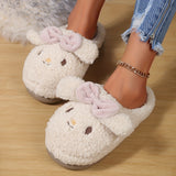 Cute Cartoon Fuzzy Home Slippers, Bowknot Decor Slip On Soft Sole Flat Warm Shoes, Plush Winter Cozy Shoes