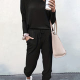 Casual Solid Two-piece Set. Long Sleeve T-shirt & Drawstring Pants Outfits. Women's Clothing