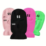 1pc 3 Holes Embroidered Ski Mask SAD & Dollar Sign Knitted Hat For Outdoor Skiing Cycling Gift For Men And Women