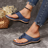 Women's Arch Support Flower Flip Flops, Solid Color Open Toe Non Slip Thong Slippers, Casual Retro Outdoor Slides Shoes