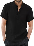 Men's Casual Cotton Linen Solid Color Short Sleeve Shirts Loose Stand Collar Shirts