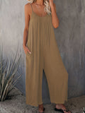 Boho Spaghetti Ruched Jumpsuit. Casual Sleeveless Long Length Wide Leg Jumpsuit. Women's Clothing