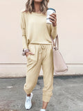 Casual Solid Two-piece Set. Long Sleeve T-shirt & Drawstring Pants Outfits. Women's Clothing