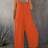 Boho Spaghetti Ruched Jumpsuit. Casual Sleeveless Long Length Wide Leg Jumpsuit. Women's Clothing