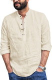 Mens Linen Henley Shirt Casual Long Sleeve T-Shirt Summer Beach Plain Tee Tops