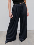 Plus Size Casual Pants, Women's Plus Solid Elastic High Rise Medium Stretch Loose Fit Wide Leg Trousers With Pockets