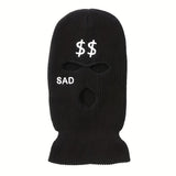 1pc 3 Holes Embroidered Ski Mask SAD & Dollar Sign Knitted Hat For Outdoor Skiing Cycling Gift For Men And Women