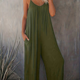 Boho Spaghetti Ruched Jumpsuit. Casual Sleeveless Long Length Wide Leg Jumpsuit. Women's Clothing