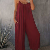 Boho Spaghetti Ruched Jumpsuit. Casual Sleeveless Long Length Wide Leg Jumpsuit. Women's Clothing