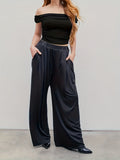 Plus Size Casual Pants, Women's Plus Solid Elastic High Rise Medium Stretch Loose Fit Wide Leg Trousers With Pockets