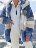 Plus Size Elegant Coat. Women's Plus Colorblock Fuzzy Fleece Long Sleeve Hooded Drawstring Zip Up Overcoat