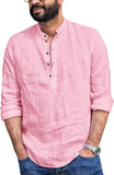 Mens Linen Henley Shirt Casual Long Sleeve T-Shirt Summer Beach Plain Tee Tops