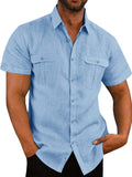 Men's Shirts Double Pocket Cotton Linen Short Sleeve Shirts Casual Vacation Shirts