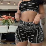 Casual Paisley Print Two-piece Set. Crop Cami Top & Slim Shorts Outfits. Women's Clothing