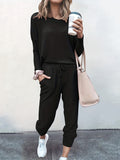 Casual Solid Two-piece Set. Long Sleeve T-shirt & Drawstring Pants Outfits. Women's Clothing