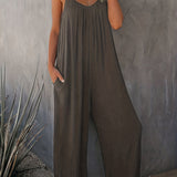 Boho Spaghetti Ruched Jumpsuit. Casual Sleeveless Long Length Wide Leg Jumpsuit. Women's Clothing