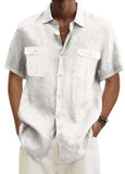 Men's Shirts Double Pocket Cotton Linen Short Sleeve Shirts Casual Vacation Shirts