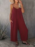 Boho Spaghetti Ruched Jumpsuit. Casual Sleeveless Long Length Wide Leg Jumpsuit. Women's Clothing