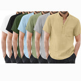 Men's Casual Cotton Linen Solid Color Short Sleeve Shirts Loose Stand Collar Shirts