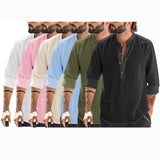 Mens Linen Henley Shirt Casual Long Sleeve T-Shirt Summer Beach Plain Tee Tops