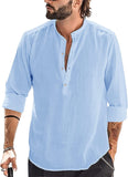 Mens Linen Henley Shirt Casual Long Sleeve T-Shirt Summer Beach Plain Tee Tops