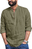 Mens Linen Henley Shirt Casual Long Sleeve T-Shirt Summer Beach Plain Tee Tops