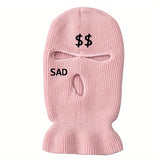 1pc 3 Holes Embroidered Ski Mask SAD & Dollar Sign Knitted Hat For Outdoor Skiing Cycling Gift For Men And Women