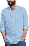 Mens Linen Henley Shirt Casual Long Sleeve T-Shirt Summer Beach Plain Tee Tops