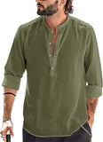 Mens Linen Henley Shirt Casual Long Sleeve T-Shirt Summer Beach Plain Tee Tops